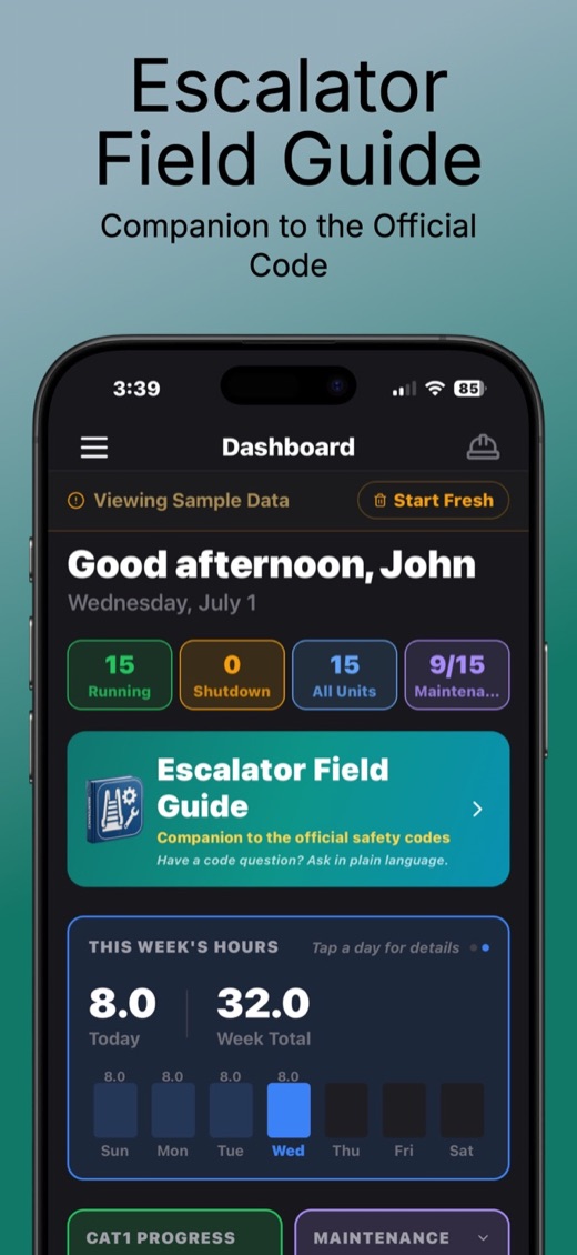 Dashboard with this week's hours, unit counts and the Field Guide